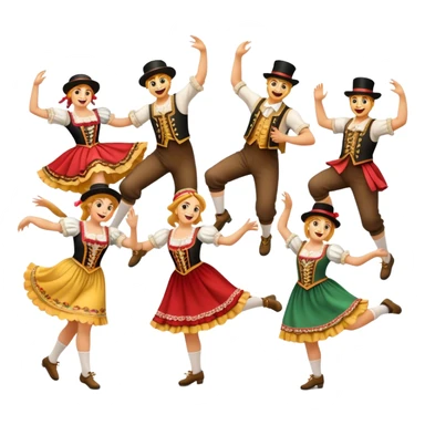 Cinematic Realistic Schuhplattler Dance Emoji, depicted as a lively traditional folk dance scene with performers in authentic Bavarian costumes, rendered with dynamic textures and festive natural lighting that captures the spirit of rural celebration. sticker