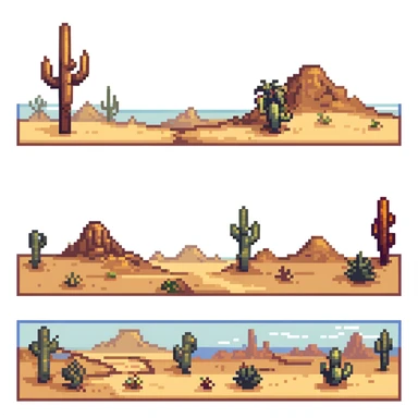 desert tile set with sand dunes, cacti, rocky formations, oasis with palm trees, desert shrubs, and ancient ruins sticker