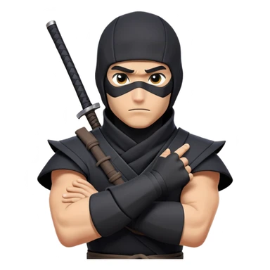 clash-of-clans-aesthetic_-cinematic-mysterious-male-ninja-portrait-emoji, rendered in a flat, vector-style with minimal shading and bold, simplified shapes, his arm is stretched out  with a head slightly turned revealing intense, focused eyes. the ninja has his arm out and perched on top of his forearm is  a black crow sticker