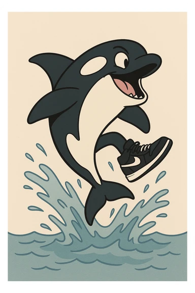 orca with black and white Nike sneakers jumping out of water, dynamic pose, minimal background, cartoon style sticker