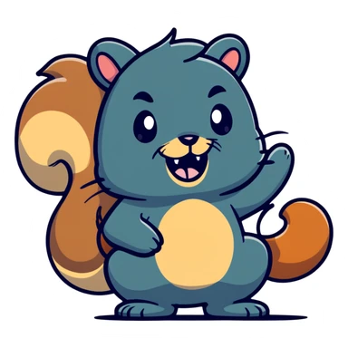 Cartoon squirrel with proper squirrel head shape, bushy tail, big front teeth, and massive exaggerated drool pouring from mouth, extremely hungry look sticker