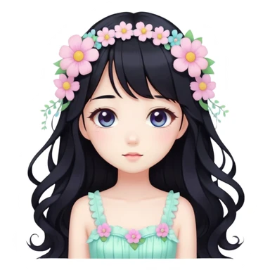 Kawaii anime lady with long black hair wearing a gorgeous pastel fairycore dress with flower details sticker