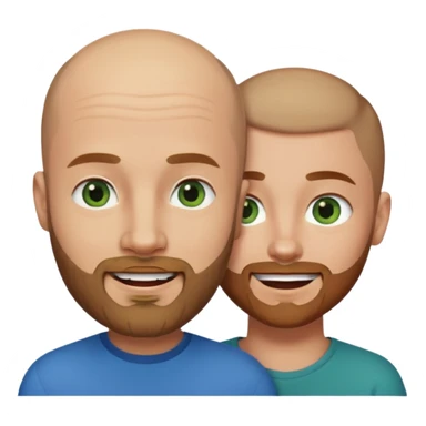 Shaved head man with dark blonde beard and blue eyes with mouth closed smile with brown haired woman with green eyes sticker