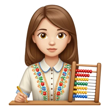 A Ukrainian girl with brown hair in an embroidered shirt holds an Abacus sticker