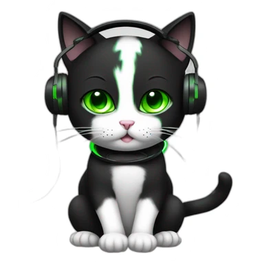 gamer black and white cat, green eye playing with headphones sticker