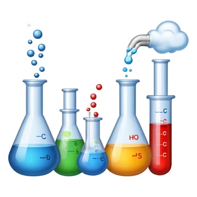 An icon featuring chemical flasks with tubes, representing hydrolysis, along with liquids, powders, and chemical formulas. The design includes molecules and reaction symbols, symbolizing the study of chemical processes and compounds. Transparent background highlights the science of reactions. sticker