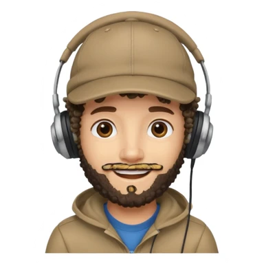 curly haired with headphones in and beard boy with cap sticker