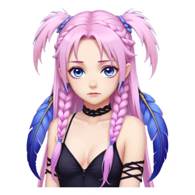 Gorgeous beautiful pretty grumpy anime lady long-pale-whitish-pastel-pink-hair with one braid on each side, hanging purple feather-ear-cuffs with pink tips in hair, black bodysuit, blue eyes, pink iris, ethereal, fashion aesthetic  sticker