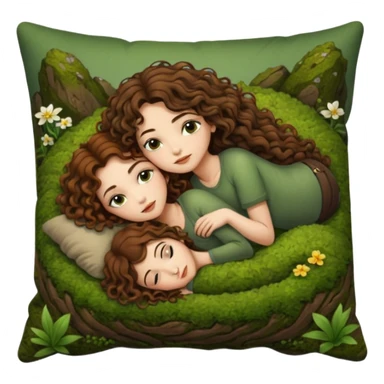 cozy moss bed — long wavy brown hair tattooed woman and short tight curly brown hair woman — curled together on moss pillow sleepy sticker