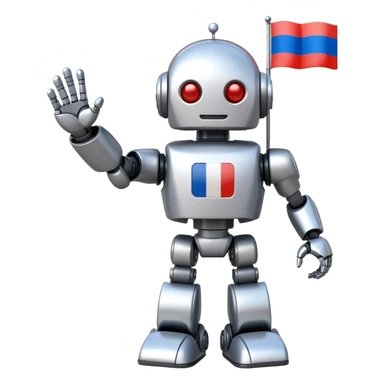Futuristic robot holding a Russian flag sticker