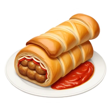 cinematic-realistic-sausage-roll-dish-emoji,-depicted-with-a-crisp,-golden-pastry-wrapped-around-flavorful-sausage,with a squeeze of tomatoe sauce on top sticker