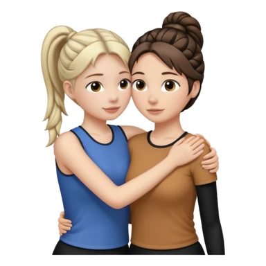 Comforting Hug two white skin women, one shorter woman with brown simple top ponytail, not braided, and one taller woman with long black side braid sticker