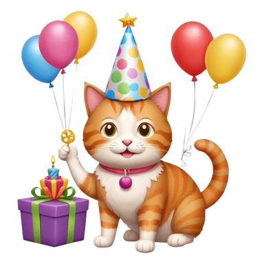 Ginger cat celebrates birthday, birthday hat, birthday cake, balloons, happy, gifts sticker