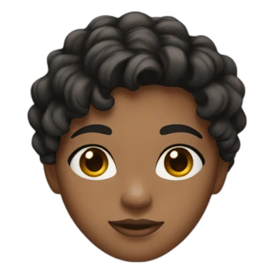 Girl with brown skin, black shoulder length wavy hair, white tshirt and black eyes sticker