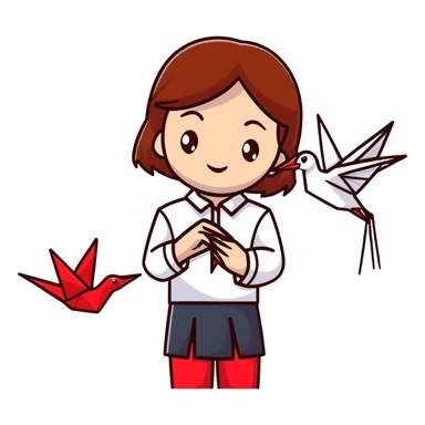 Ukrainian young girl with brown hair wearing a white embroidered shirt holds an origami red crane sticker