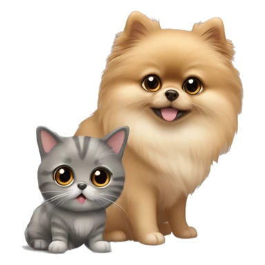 Super cute, big eyed pomeranian in tan with a grey tabby scottish fold cat sticker