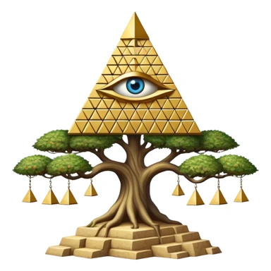 Annunaki tree from Garden of eden, that is actually a ancient tech antenna with illuminati all seeing eye in traingle symbol at the top and with little pyramids hanging like apples sticker