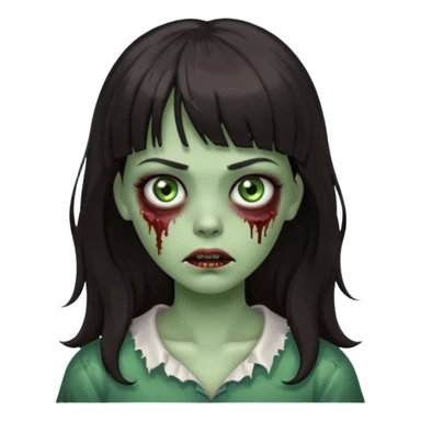 Zombie girl, with bangs above her eyebrows, her dark hair, thin eyebrows. Long hair and Wavy sticker