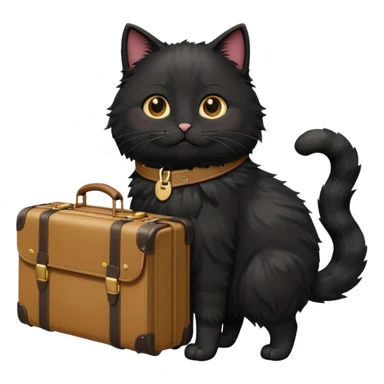 Black fluffy cat carrying suitcase in sunny place sticker