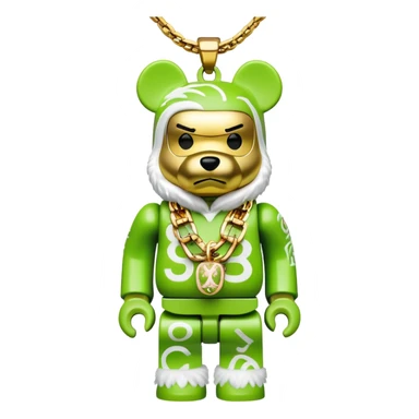 classic bearbrick figure with lime green mask covered in chaotic brand logos, wearing several large gold chains, gold pendant, rapper style accessories, expressive eyebrows sticker