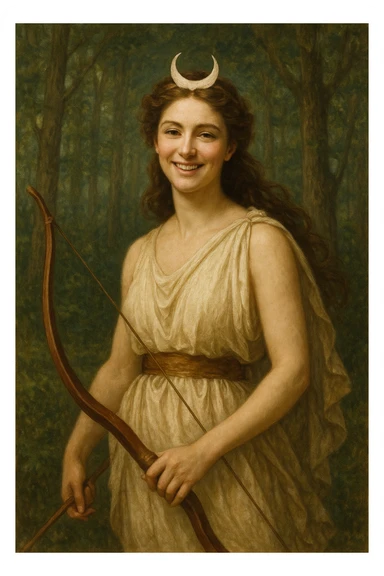 Happy Diana, Roman goddess, in a forest, holding a bow, crescent moon tiara, smiling, mythological and elegant sticker