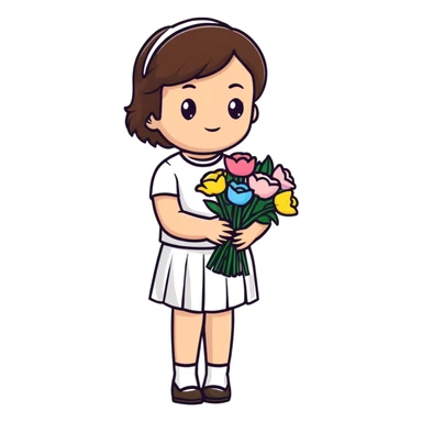 girl with brown hair wearing a white skirt holding a bouquet of flowers sticker