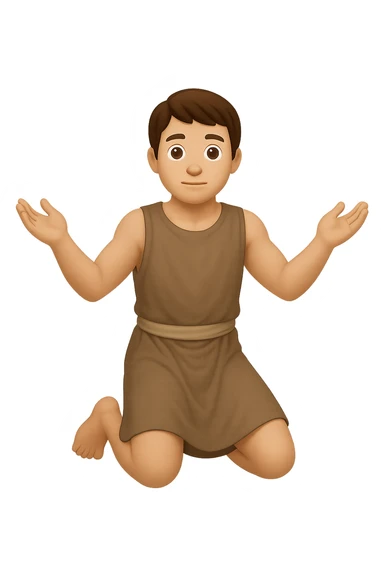 Remake this emoji in apple emoji style with brown hair and no silver handbands, fullbody apostle kneeling pose, variation 4. Keep the apple emoji style look and feel. sticker