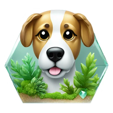 A dog made entirely of glass mirror crystals prisms glass transparent filled with plants as a terrarium sticker