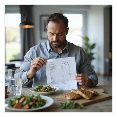 realistic image of a man following a personalized nutritional plan for weight loss, sitting at a table with salad, grilled chicken and water, consulting a printed nutritional chart, modern home environment, bright and motivated atmosphere sticker