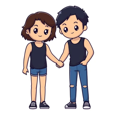 A girl with long brown hair holding the hand of a boy with short black hair, she wearing a black tank top with flared blue jeans, he wearing a black t-shirt with grey jeans, couple in love sticker