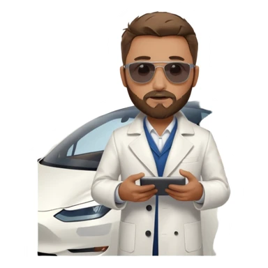 White tesla model 3 with one cool physician with dark blond hair, beard and dark sunglasses next to it sticker