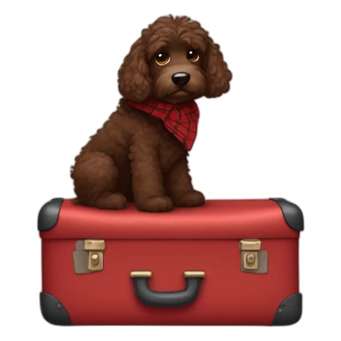 Chocolate colored doodle dog with wavy hair wearing a red and black flannel handkerchief with a carryon suitcase sticker