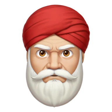 a man with a large white beard and moustache. He has a red turban and an angry expression sticker