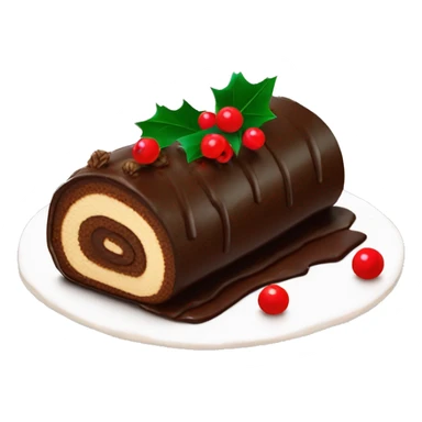 Classic yule log cake with chocolate frosting, decorated with red berries and holly leaves sticker