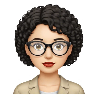 Mulher branca de cabelo curto preto cacheado e óculos transparente sticker