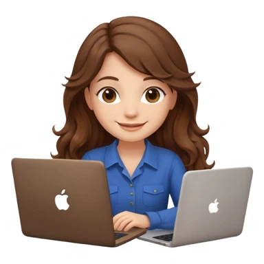 Sitting in front of a laptop in the style of a cute female developer. No glasses, long hair waves and smiling. sticker