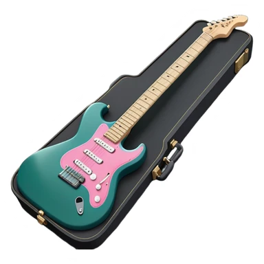 minimalist electric guitar in dark green with pink and blue stripe decal, closed inside a black rectangular hard case with gold latches, flat semi-3D style, soft matte textures, simplified details, stylized decal accent, ready-to-play symbol sticker
