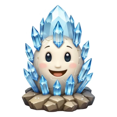 A single cute crystal rock character inspired by a clear quartz cluster, chunky round base with many tall transparent crystal spikes growing upward all around it with a face sticker