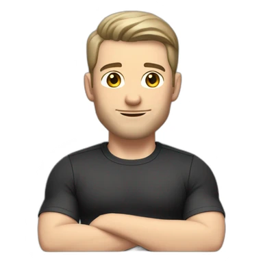 Pale skinned Fit Man With the biceps and dark brown hair in black shirt, gray sports shorts and white Sneakers Sitting on a chair sticker