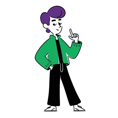 Man with stylish green jacket and purple hair, strong pose, bold expression, modern clothing style sticker