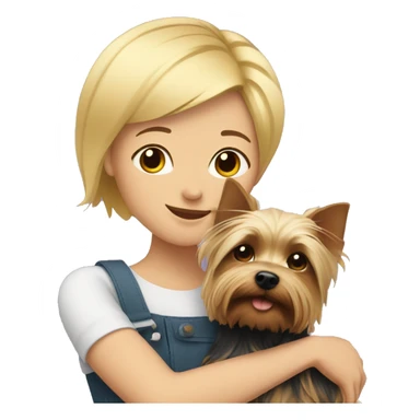 Blonde with short hair hugs a Yorkshire terrier sticker