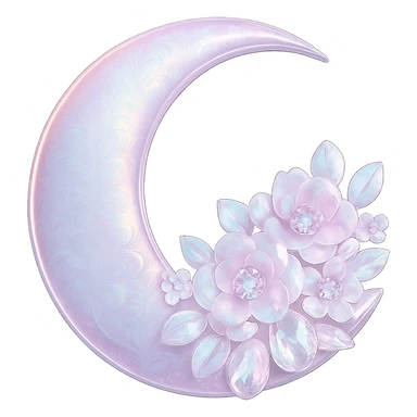 glossy Pastel iridescent floral shiny crystal crescent damask moon, remove background sticker