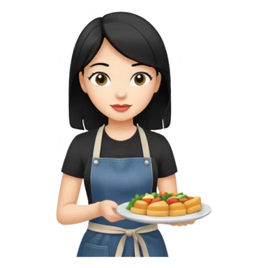 waitress with black hair and a food plate with a black tshirt and ª jeans apron sticker