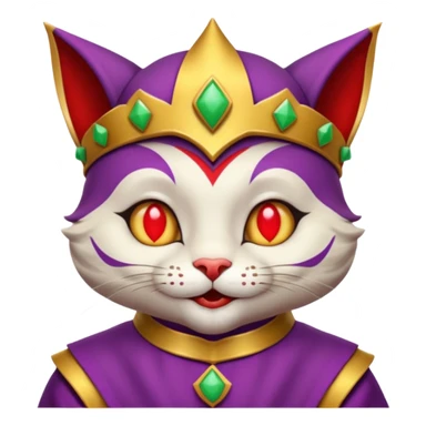 crazy colorful cute little cat jolly joker from poker, medieval, vintage, court jester, mac os icon, purple, gold and red color, half body sticker