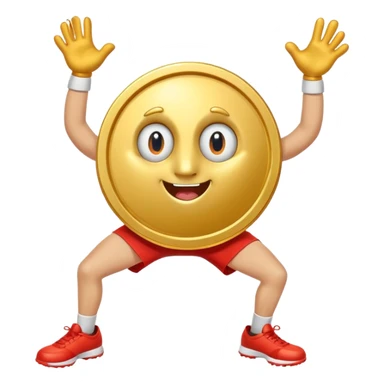 coin mascot with eyes, mouth, arms and legs. playing sports sticker