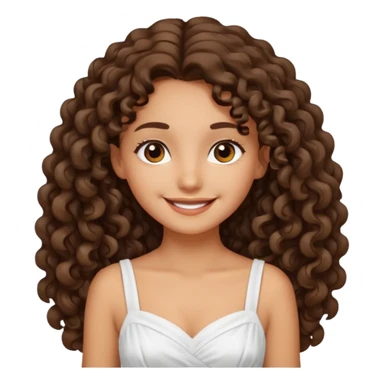 Light tanned skin girl with dark brown very long curly hair, dark eyes, white dress sticker