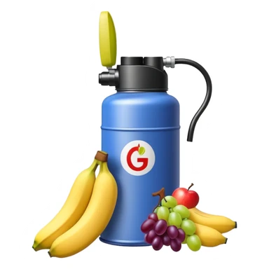 gasoline canister surrounded by a banana, an apple, and grapes, fuel can with fruits arranged around it sticker