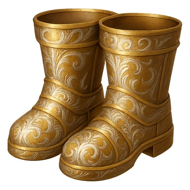Recolor these boots to a rich, metallic plated gold color with ornate engravings inlaid with bright, reflective silver. Keep the exact shape and proportions of the original boots. The background should be transparent. The style should maintain the original look of the boots. sticker