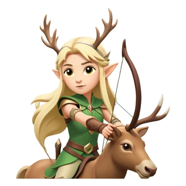 clash-of-clans-aesthetic-blond-elf-archer-portrait-emoji, rendered in a flat, vector-style with minimal shading and bold, simplified shapes, head tilted slightly forward with a determined, focused expression, riding a majestic stag whose luminous antlers glow with mystical energy, set against an ancient, enchanted forest backdrop. sticker