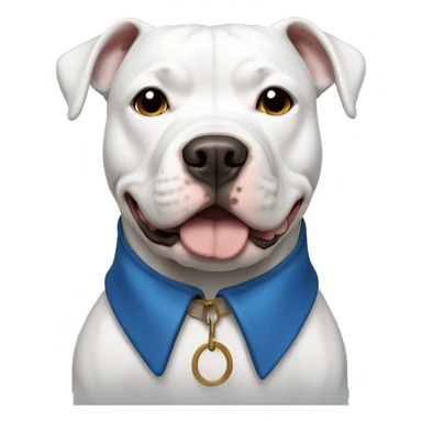 White pitbull with brown eyes and black ears wearing a blue collar sticker